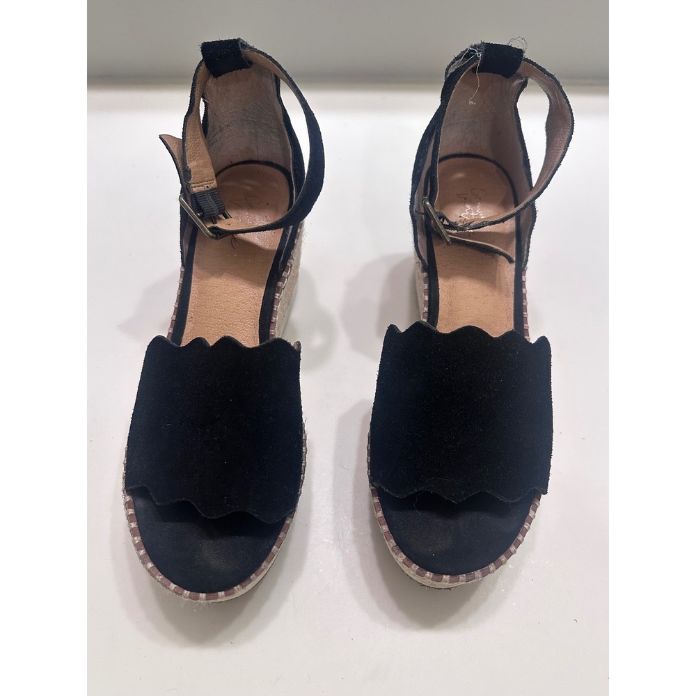 Crown Vintage Black Suede‎ Scalloped Espadrille Wedge Sandals Womens 6M Buckle